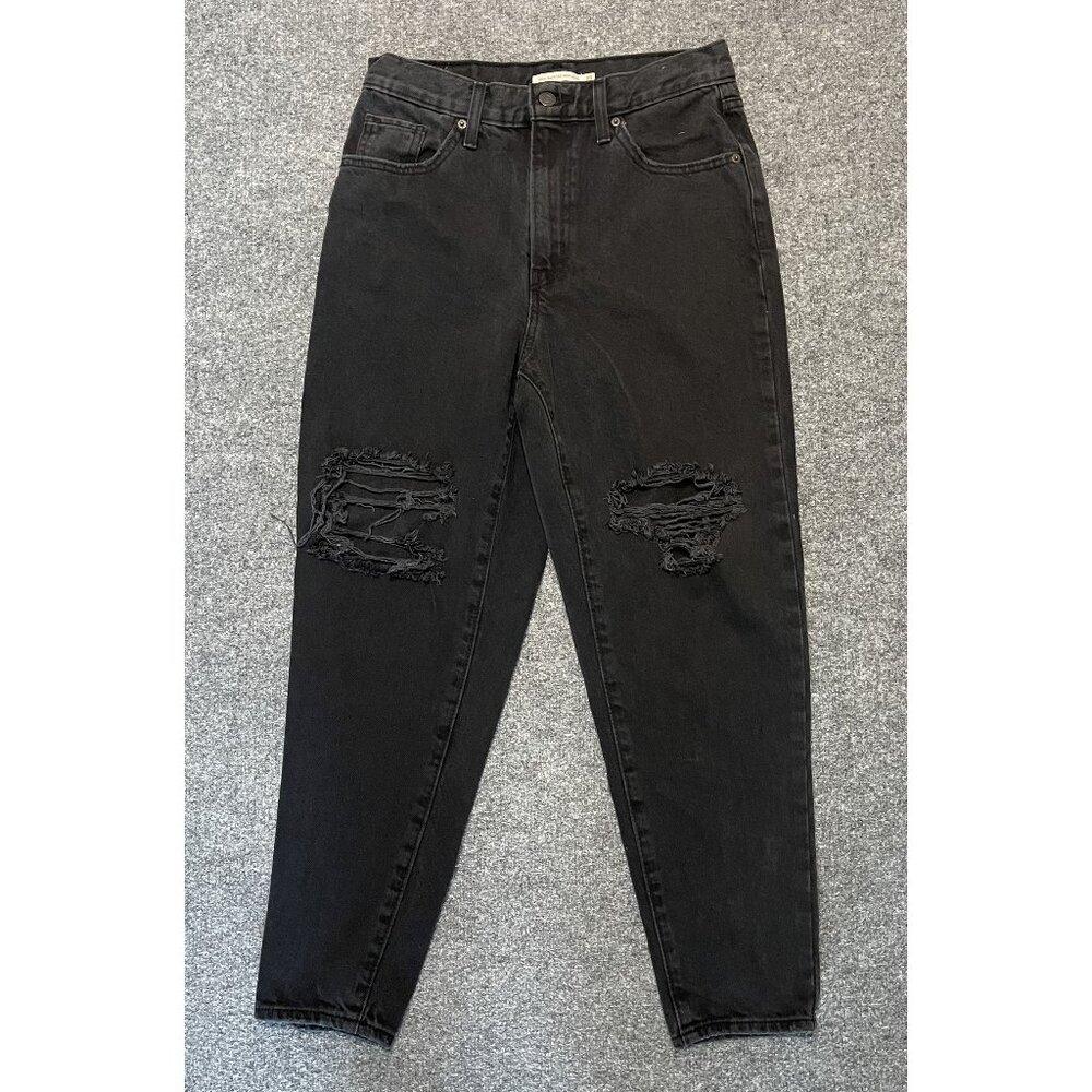Levis High Waisted Mom Jeans Black Denim Size 29 Distressed Ripped Knees